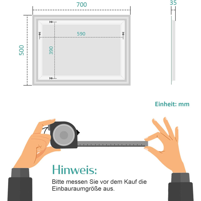 Дзеркало для ванної кімнати EMKE з підсвічуванням 80x60 см, LED, з датчиком руху, сенсорне, проти запотівання, 3 кольори світла, регулювання яскравості, автоматичне вимкнення на 1 годину, IP44, енергозберігаюче