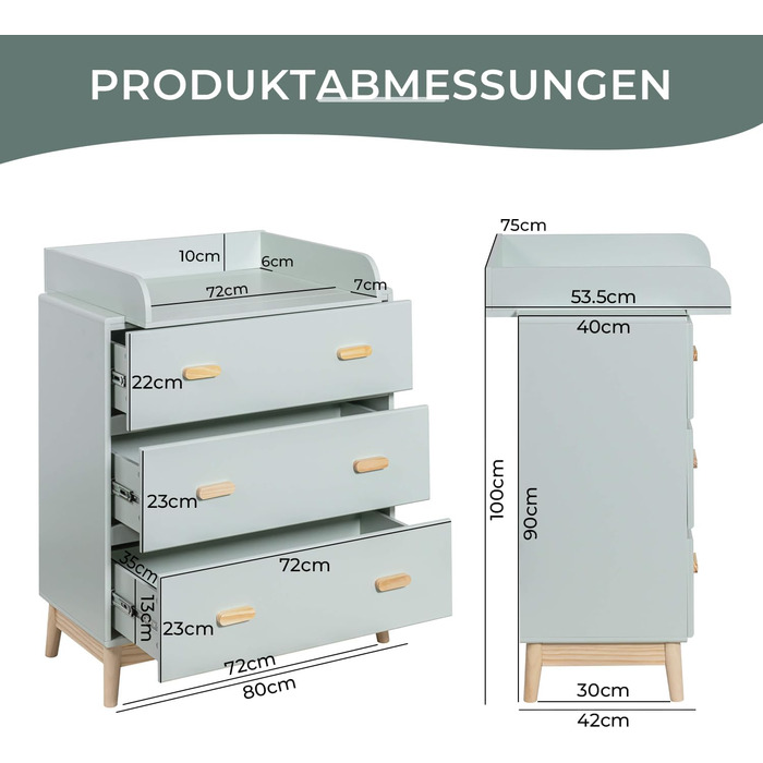 Комод з пеленальним столиком Rebecca Mobili, Aqua Grün Braun, колір блакитно-зелений, матеріал - сосна та MDF, компактний, знімний пеленальний столик, розміри 100 x 80 x 42 см, арт. RE6985