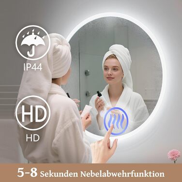 Дзеркало для ванної кімнати кругле LED з підсвічуванням 60 см, IP44. Кругле дзеркало з LED підсвічуванням для ванної кімнати, сенсорне керування, 60x60 см