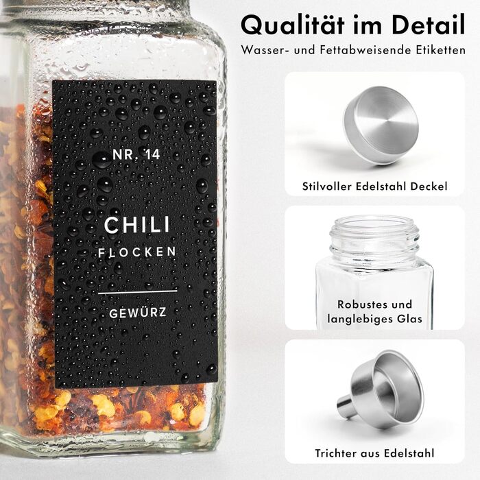 Набір кутових банок для спецій з нержавіючою кришкою (24 x 120 мл) з дозатором та 240 чорними етикетками - високоякісні контейнери для спецій, органайзер для спецій [10,7 см x 4,5 см]