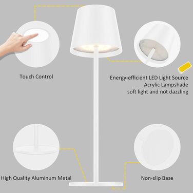 LED-лампа K-Bright на акумуляторі, 4 шт., диммер, 36.5 см, перезарядна, тепле світло 2700K, USB-C, IP54, бежевий колір