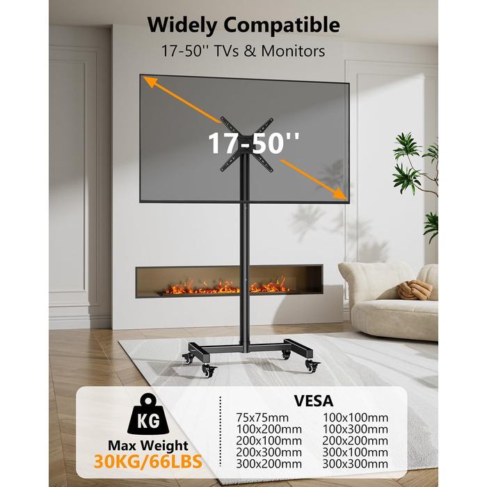 Підставка для телевізора на коліщатках для 17-50 дюймів, поворот 180°, регулювання висоти, VESA 300x300 мм, до 30 кг