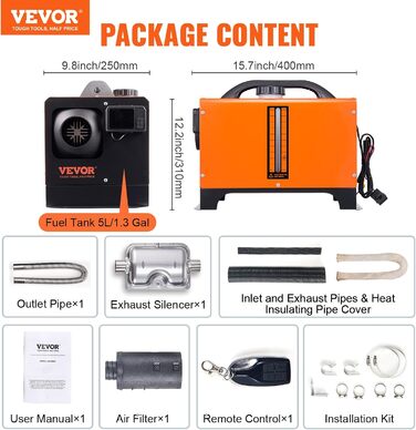 Автономний дизельний опалювач VEVOR 12V 5kW з LCD-дисплеєм, пультом дистанційного керування та Bluetooth, 0.16-0.52 л/год, помаранчевий