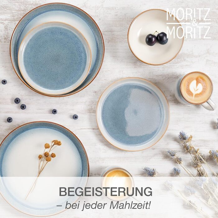 Набір посуду Moritz & Moritz TARENTO 48 предметів (12 осіб) - 48-місний набір посуду з високоякісної кераміки, 12 обідніх тарілок, 12 десертних тарілок, 12 супових тарілок та 12 чашок, блакитний колір