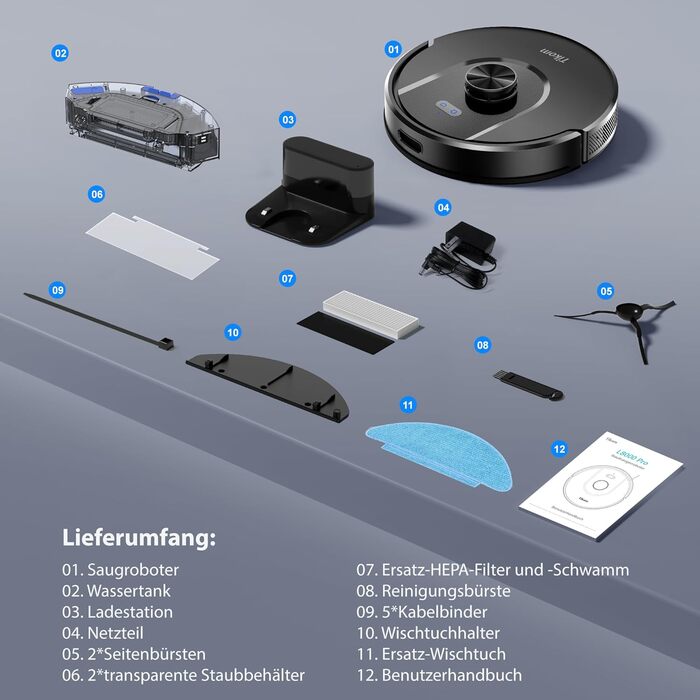 Робот-пилосос з функцією миття Tikom L8000 Pro, 6000Pa, LiDAR, 150 хв, APP, 14 зон, для тварин, килимів та твердих підлог, чорний