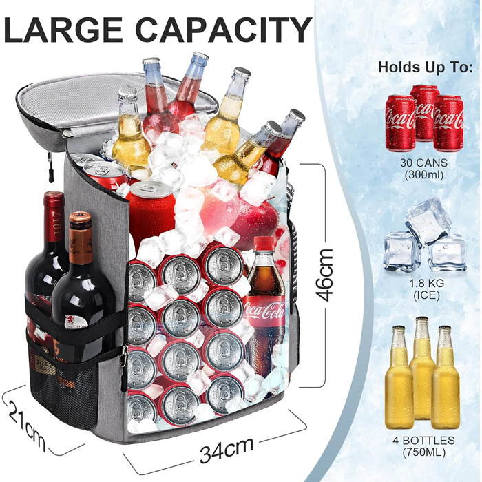 Рюкзак-холодильник Estarer 35L сірого кольору: для пікніків, кемпінгу та пляжу. З відкривачем для пляшок, водонепроникний.