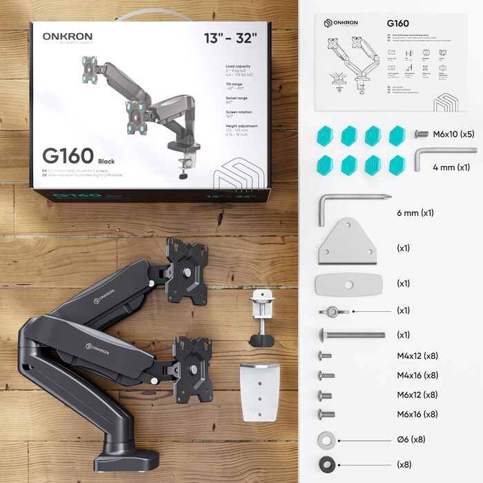 Кріплення для монітора ONKRON G160-W (2 монітори) - газ. підйомник, VESA 75x75-100x100, для моніторів 13-32
