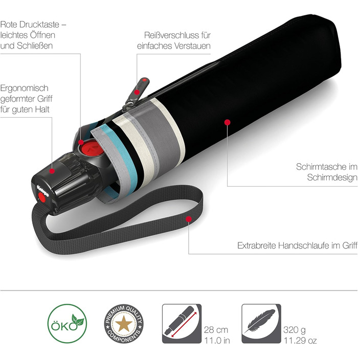 Складна парасолька Knirps T.200 Duomatic Відкривання-закривання Автоматичне Складне Штормозахисне Вітрозахисне Чорне смугасте