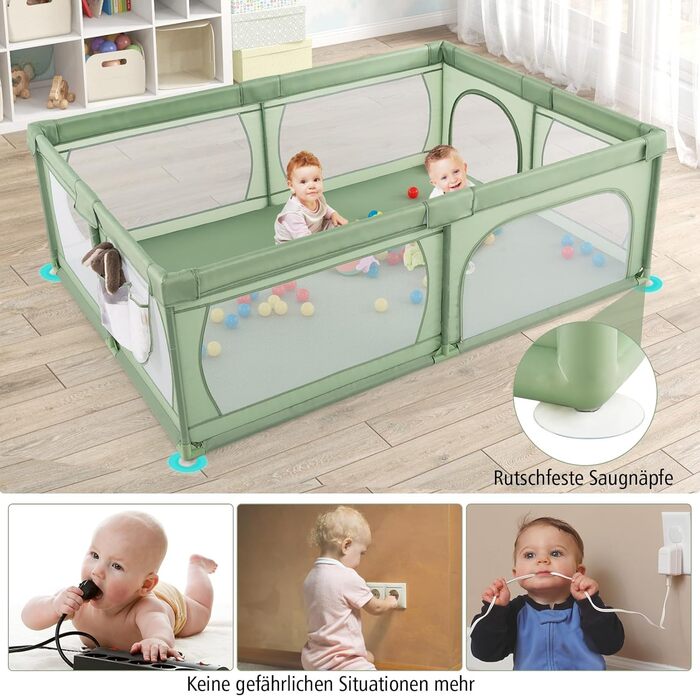 Дитячий манеж складний, манеж з 50 кульками, 2 двері, дихаюча сітка та блискавка, манеж-намет для немовлят і малюків (зелений, з матрацом), 205 x 147
