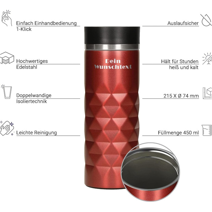Термокружка Elasto з нержавіючої сталі, 450 мл, з індивідуальною гравіюванням, червона