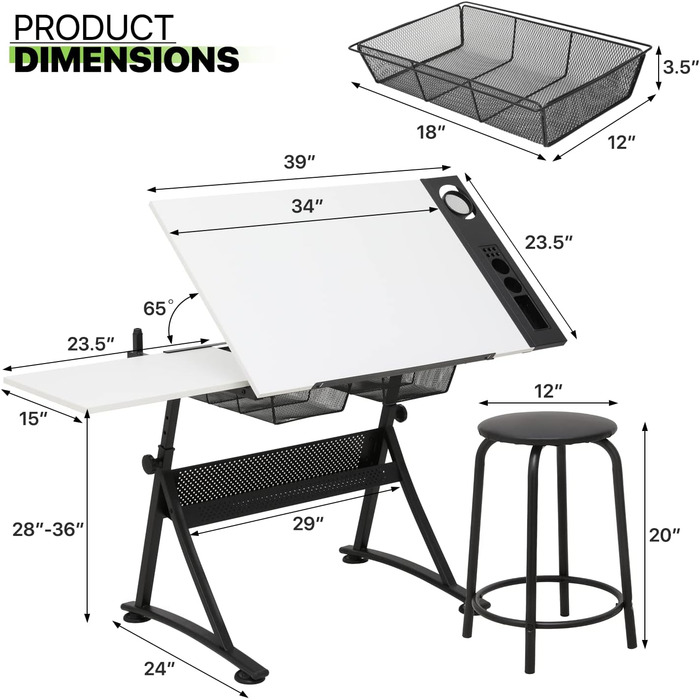 Набір мольбертів Magshion: регульований стіл для художника з нахиленою дерев'яною стільницею, стілець та 2 висувними ящиками для зберігання. Підходить для дому, офісу та школи (білий/чорний)