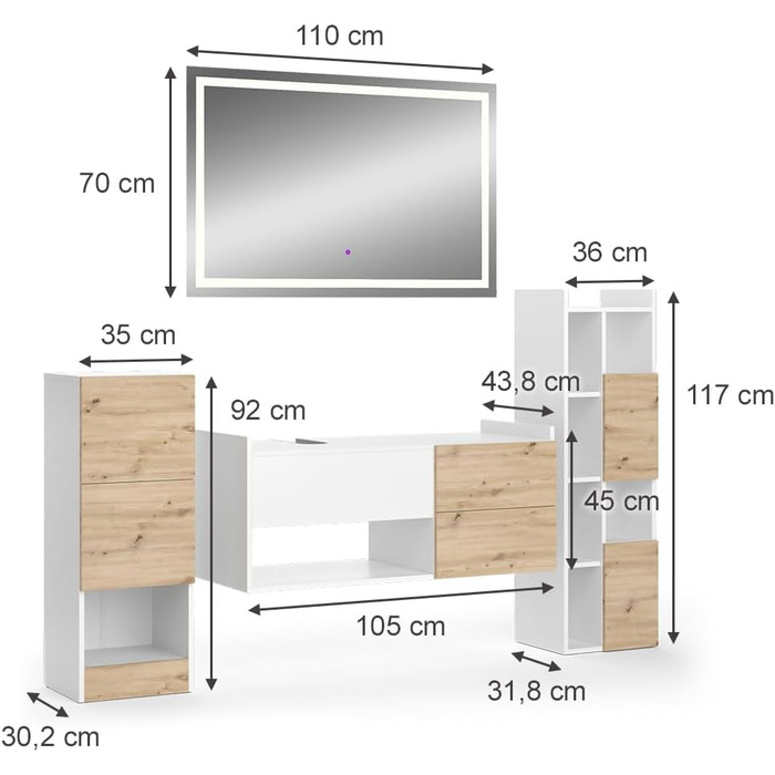 Тумба для ванної кімнати Alf, Дуб, 36x117 см, 2 ящики, Білий, Набір з 4 шт.