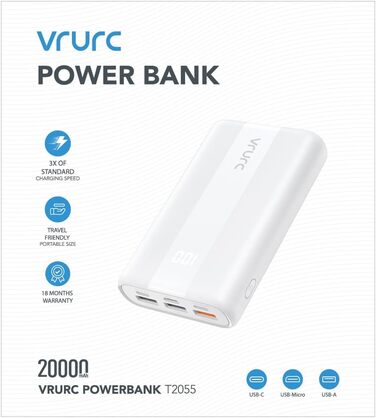 МАг, швидка зарядка 22,5 Вт, USB-C, сумісний з iPhone, Samsung, Huawei - білий, 20000