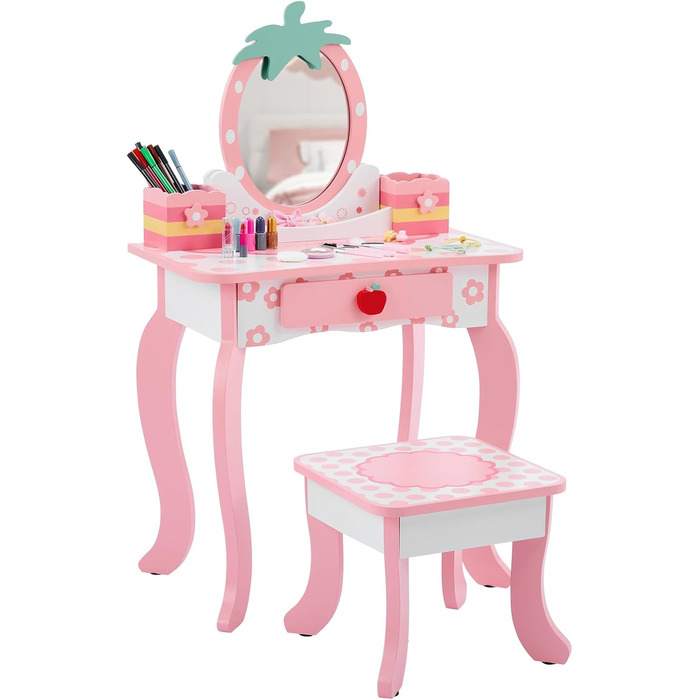 Дитячий туалетний столик LEADZM з пуфом для дівчаток, з шухлядою та двома 180° відкидними дзеркалами, для дітей 3-9 років (білий та рожевий)