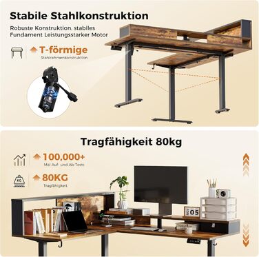 Регульований кутовий стіл Agilestic 160x140 см з LED та розеткою (Коричневий)