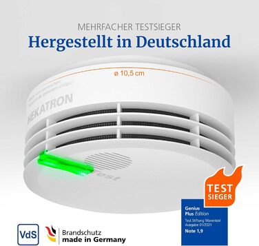Датчик диму Hekatron Genius Plus з батареєю на 10 років – Тест-переможець Stiftung Warentest – Зроблено в Німеччині – з клейкою підкладкою – з підтримкою додатку – 1 шт.