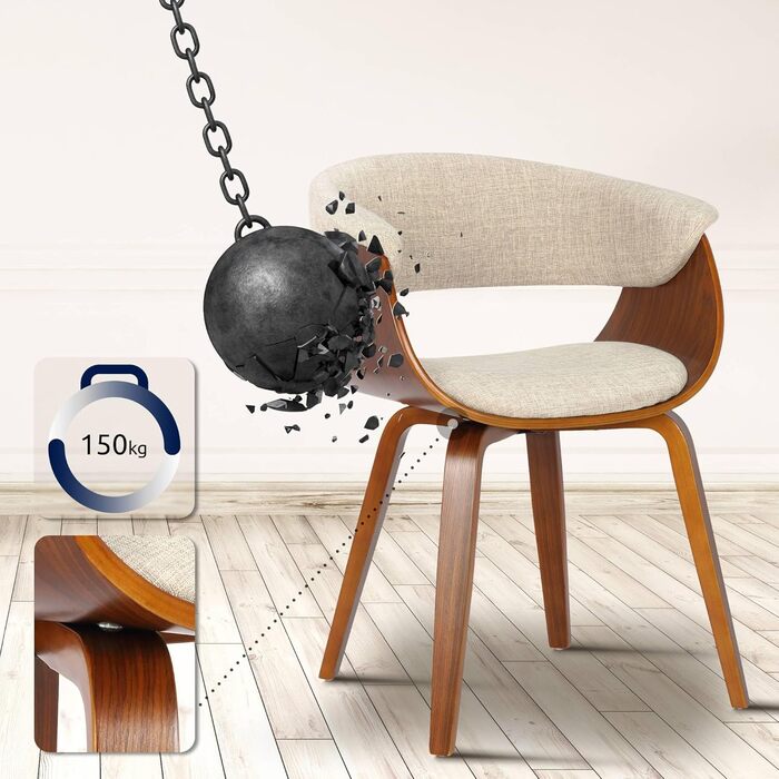 Стільці для їдальні CLP Bruce з тканинним покриттям, дерев'яним каркасом, чорного кольору для їдальні або кухні | Крісло витримує до 150 кг, колір: Кремовий, колір каркасу: горіх (горіх)