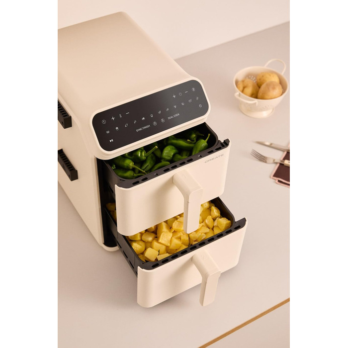 Фритюрниця без олії повітряного приготування 4.2L з пароваркою / Об'єм 5-6 порцій, 6 програм, скляна корзина, регулювання часу та температури, 1300W (11.2L ДУАЛЬНА СТАК, Кремовий білий)
