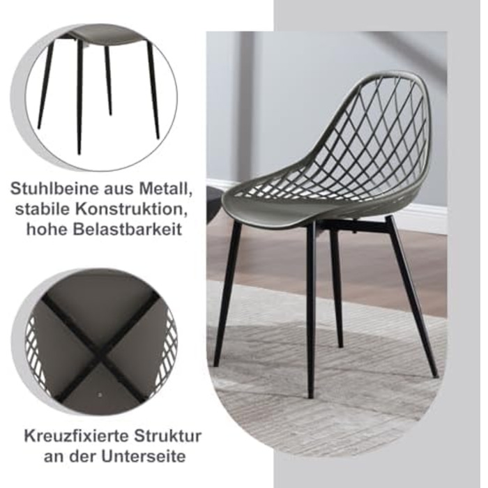 Стільці для їдальні та кухні з порожнистою спинкою, стільці для вітальні з металевими ніжками, пластикові стільці для кухні, вітальні, балкону, скандинавський сучасний стиль, білий колір, K0018EZS-4 (сірий, набір 8 шт.)