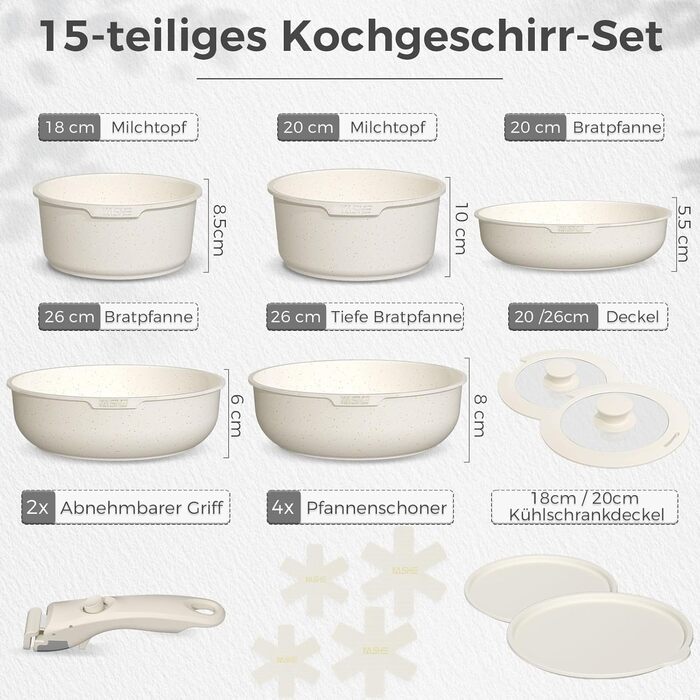 Набір кухонного посуду YASHE 15 предметів: каструлі та сковорідки з гранітно-покриттям, знімні ручки, стакеві, легко миються, сумісні з індукцією, газом та склокерамікою, білий