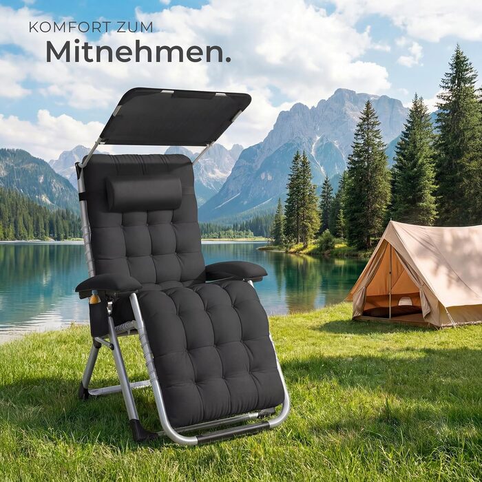 Тектейк® Розкладна сонцелюстра, шезлонг для саду з сонцезахисним дахом, вуличний крісло для балкона або саду, лежак з додатковою товстою подушкою, розслаблюючий лежак, витримує до 200 кг - (1 шт. - з сонцезахисним дахом, чорний)