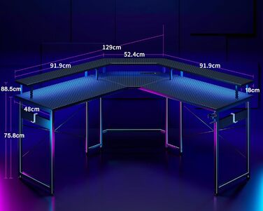 Ігровий стіл ODK 129x129 см з LED підсвічуванням, 2 розетки та USB зарядкою, стіл для ПК, комп'ютерний стіл, колір: чорний вуглеволокно