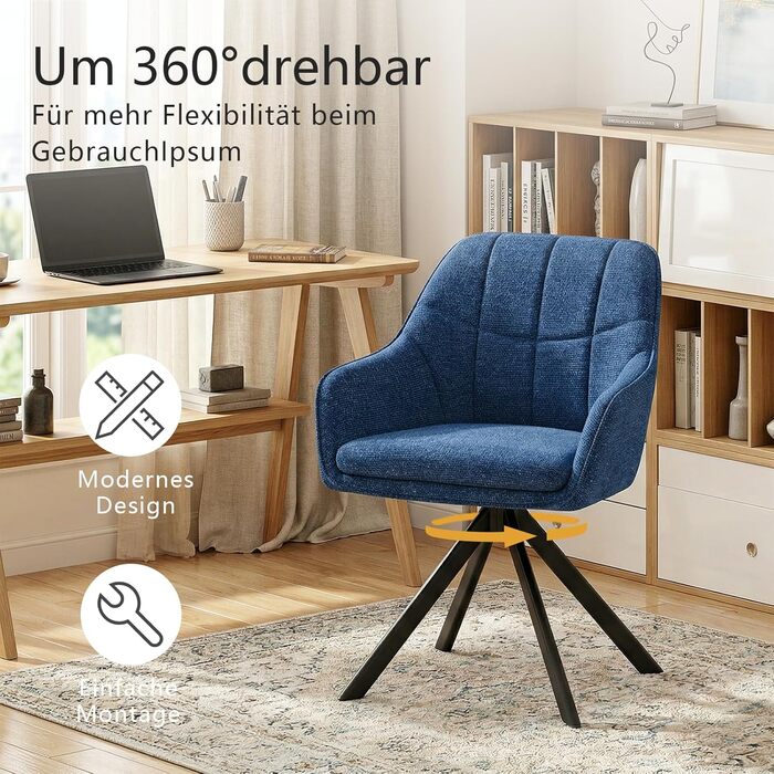 Обідні крісла поворотні, сірі, з підлокітниками, 6 шт. М'які крісла для кухні та вітальні з металевими ніжками, з тканини (темно-синій льон)