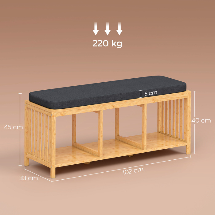 Взуттєва шафа з бамбука, банкетка для взуття з м'яким сидінням та відкритою полицею, з імітацією натурального дерева.