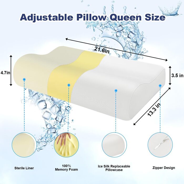 Ортопедична подушка для сну Memory Foam з чохлом (охолоджуючий шовк), 54*34*9/12 см, сіра