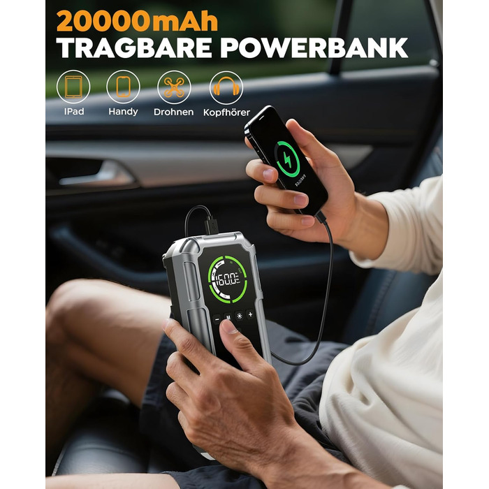 Powerbank Starthilfe 8000A з компресором 160PSI, 12V для авто, 20000mAh, LED-ліхтар, LCD-дисплей, сріблястий
