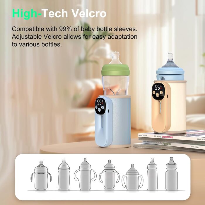 Підігрівач молока бездротовий з LED дисплеєм температури, 8000mAh, для дитячих пляшок, в подорожах, 6 режимів, швидкий нагрів, USB-C зарядка, термоізоляційний чохол для материнського молока, блакитний (зелений)