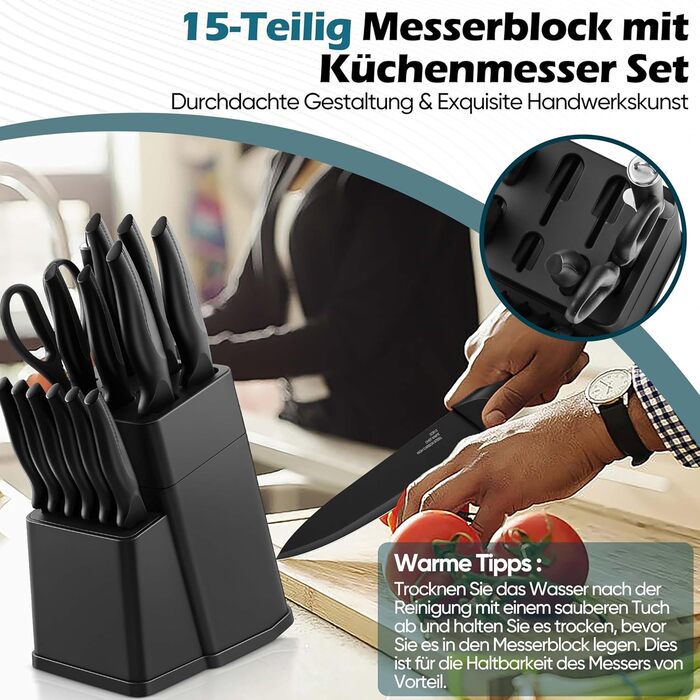 Набір ножів Homikit 15 предметів з підставкою: кухонні ножі з нержавіючої сталі, веточки, 6 ножів для стейків, чорний