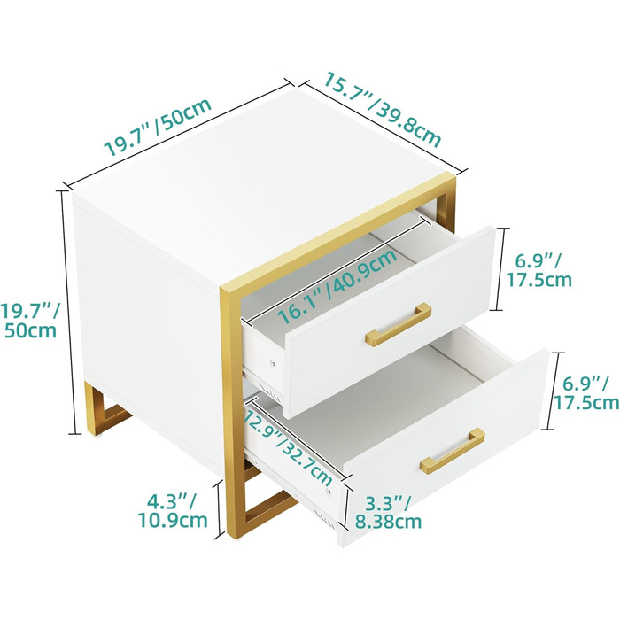 Тумбочка YITAHOME біла, 2 ящика з металевими ручками і рейлінгами, 50x40x50см