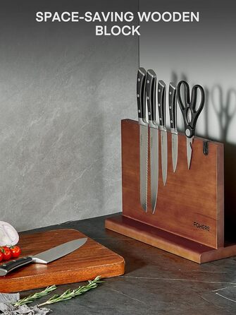 Набір ножів FOHERE 7 предметів: кухонний, для хліба, овочевий, з точилкою та магнітним блоком з нержавіючої сталі та дерева