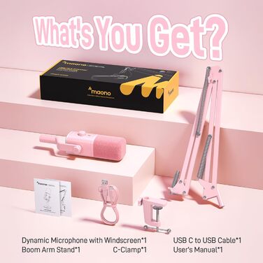 Ігровий мікрофон MAONO PD100XS XLR/USB з динамічним капсулем, RGB-підсвіткою, пультом гучності, кнопкою вимкнення звуку, програмним забезпеченням, для ПК, стрімінгу, запису, PS4/PS5, Mac, рожевий