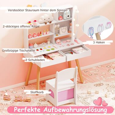 Детський туалетний столик COSTWAY 2-в-1 зі стільчиком та дзеркалом, з LED-підсвіткою, з шухлядами, для дівчаток 3-7 років, колір білий