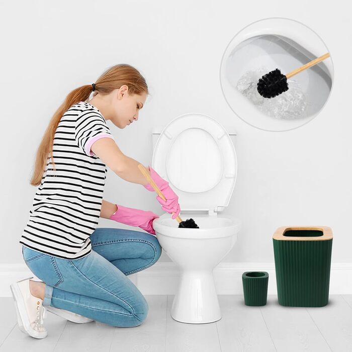 Комплекти аксесуарів для ванної кімнати, 9 предметів: набір темно-зелених аксесуарів для ванної з відром, лотком для косметики, дозатором мила, мильницею, стаканчиком для зубної щітки, щіткою для унітазу та контейнером для ватних паличок. Темно-зелений на