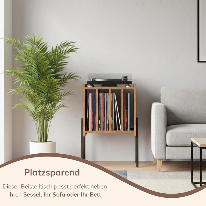 ACAZA: Стіл для програвача вінілових платівок з 4 відсіками – 66 x 40 x 30 см – Дерево та метал (Вінтаж, Колір: Коричневий)