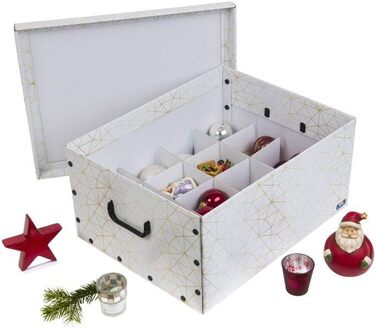 Декоративна коробка для прикрас XXL (3 шт.) білий/золотий - містка та якісна. Для зберігання до 40 ялинкових прикрас. Зручна коробка з міцного картону з пластиковими ручками.