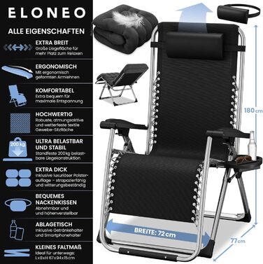 Лежак ELONEO розкладний преміум з подушкою, сонячний лежак для саду, вологостійкий, широка спинка, регульована, з подушкою для шиї та тримачем для напоїв, антрацит