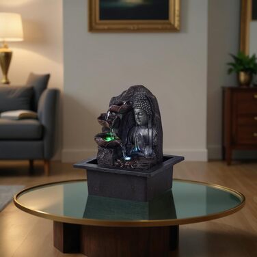 Джерело Zen'Light Zimmerbrunnen з Буддою та LED-підсвіткою - Сучасна декор для медитації та релаксації, Фен-Шуй, 26 см, горіх