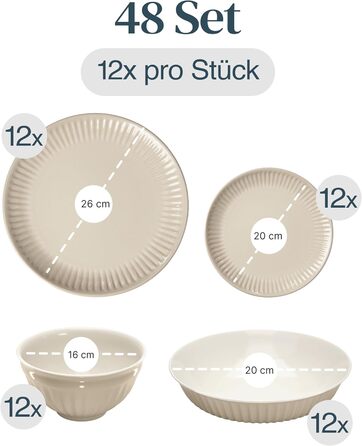 Набір посуду Steingut Hygge 48 предметів для 12 осіб, бежевий колір, преміум якість