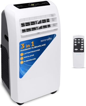 Кондиціонер SereneLife Mobile 9,000 BTU 4-в-1 повітроохолоджувач, вентилятор, осушувач обігрівач - портативний кондиціонер з комплектом витяжного шланга для приміщень площею до 20 м - дистанційне керування, монтаж на вікна (9 000 BTU EU, білий)