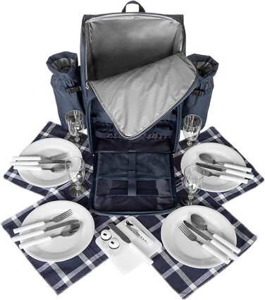 Рюкзак для пікніка Andora на 4 особи з інтегрованою сумкою-холодильником, зелений, з аксесуарами (темно-синій, білий)
