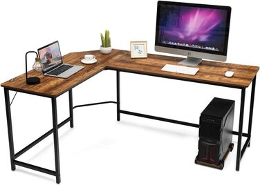 Письмовий стіл L-подібної форми, Кутовий стіл, Ігровий комп'ютерний стіл, Стіл для ПК, Комп'ютерний стіл з підставкою для процесора, Офісний стіл, Кутовий стіл, Кутовий стіл для домашнього офісу, (Сільський коричневий, 168 x 125 x 74 см)