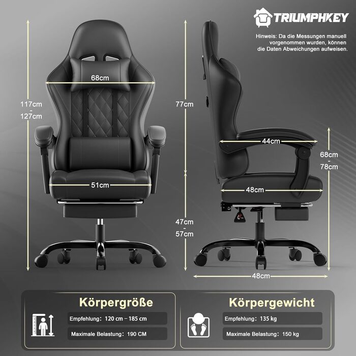 Ігровий стілець, офісний стілець з підставкою для ніг, ергономічний стілець, регульована спинка 90-135°, вантажопідйомність 150 кг, чорний