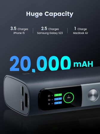 Вт, 3 порти, дисплей, сумісний з iPhone, Samsung, MacBook, Dell, 20000mAh 130