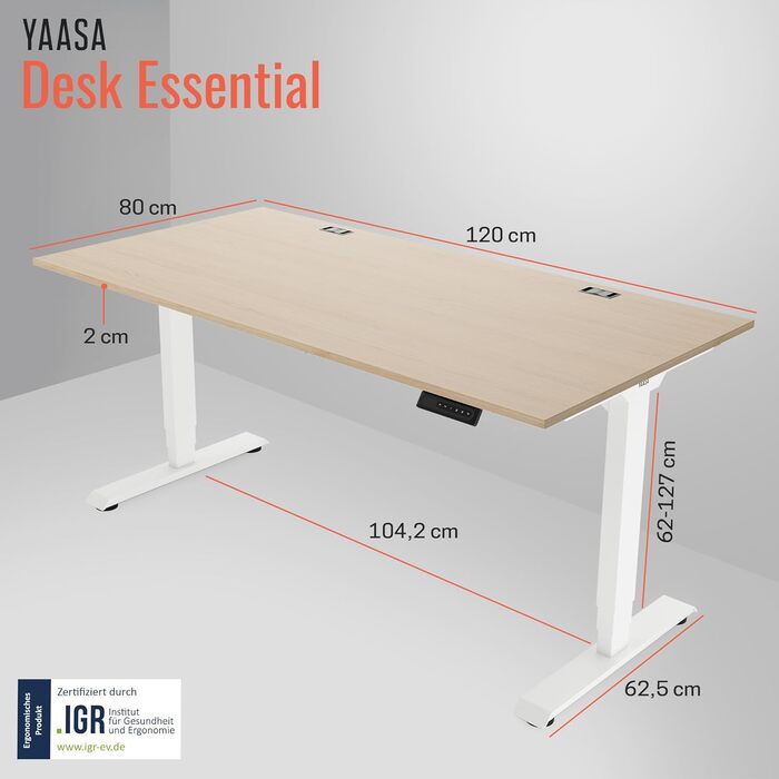 Стол Yaasa Desk Lite регульований по висоті 100x60 см чорного кольору – офісний стіл з автоматичним регулюванням, функцією пам'яті та отвором для кабелів. Електричний стіл, ідеальний для дому (світлий дуб/білий, 120 x 80 см)