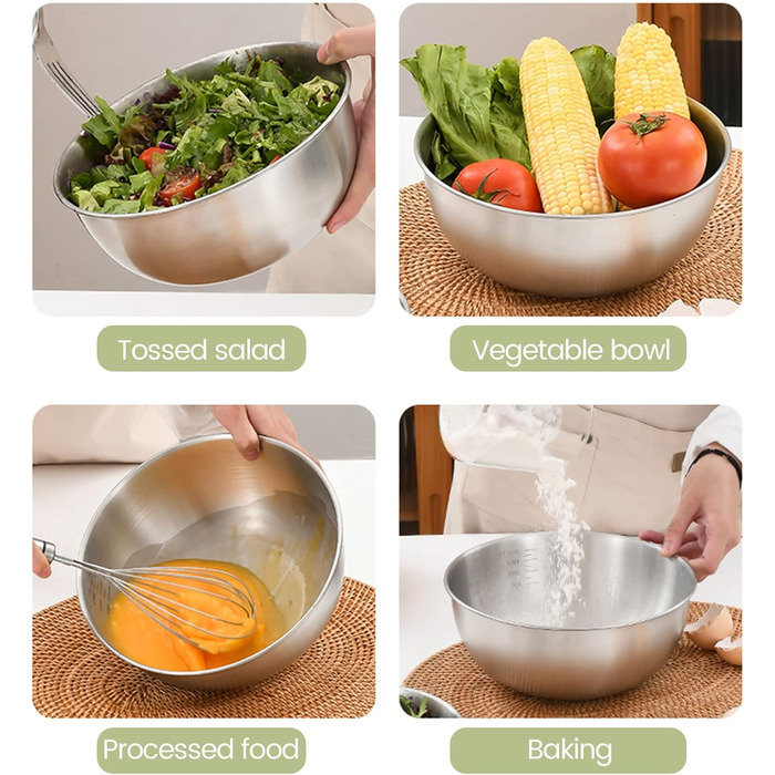 Набір місок для перемішування [5 шт] з нержавіючої сталі, 5 розмірів (0.7 л/ 1.2 л/ 1.8 л/ 2.5 л/ 3.5 л), придатні для миття в посудомийній машині. Салатниці, контейнери для перекусів та миски