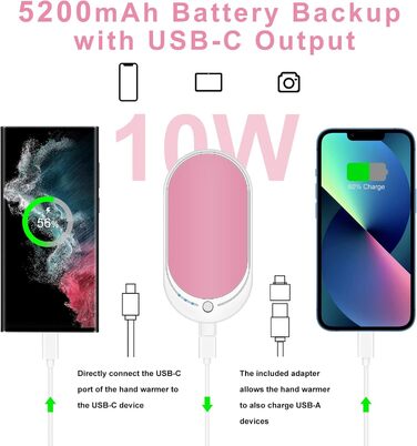 Електричний грілка для рук USB, повербанк 5200mAh, портативний, багаторазовий, для жінок та чоловіків, чорний та білий (рожевий та білий)